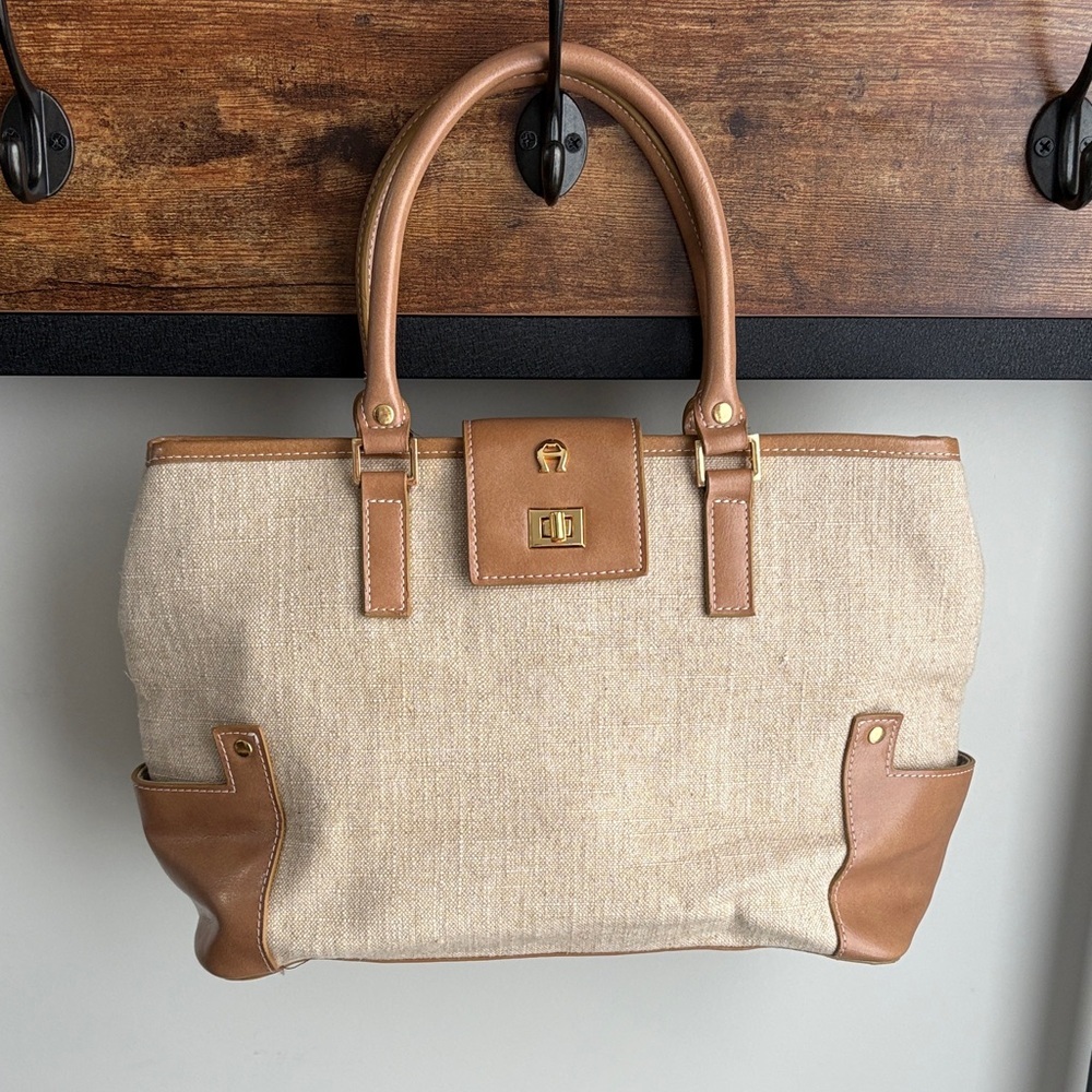 Etienne Aigner Tan and Beige Canvas Satchel
